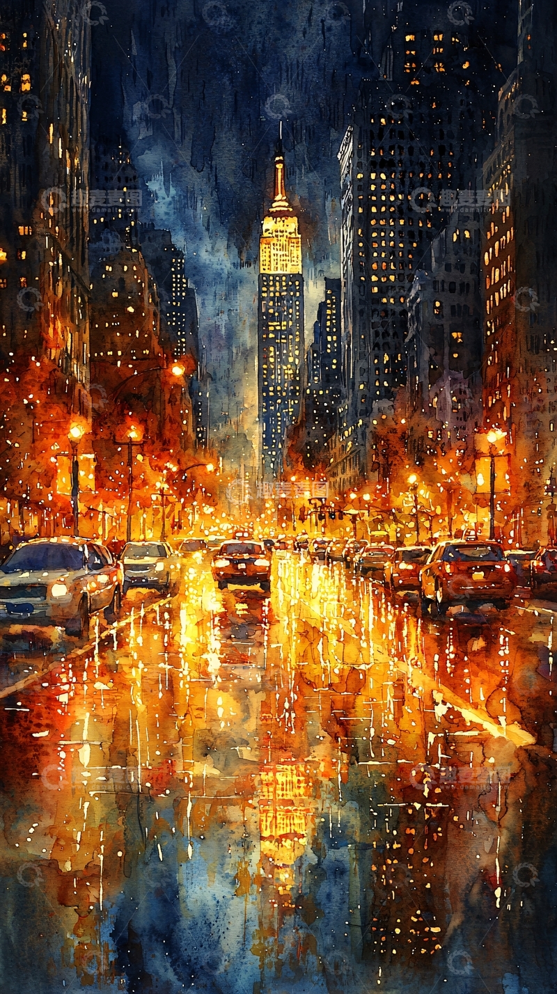高清大图下载【趣麦麦图】水彩画风格的城市夜景