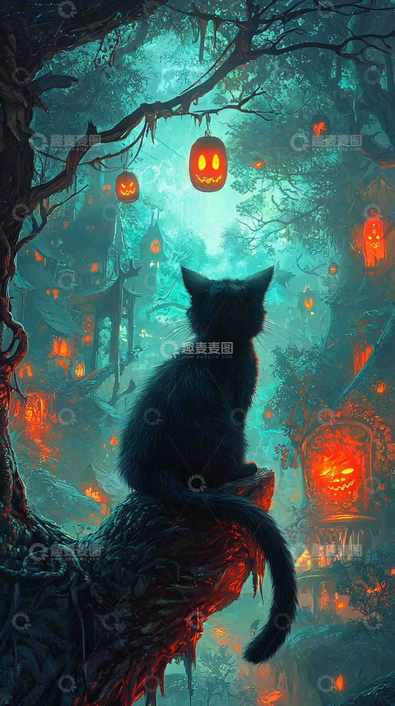 高清大图下载【趣麦麦图】黑猫森林中的万圣节夜景