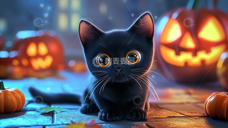高清大图下载【趣麦麦图】万圣节黑猫与南瓜灯