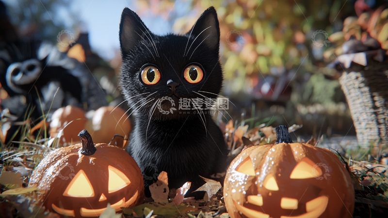 高清大图下载【趣麦麦图】万圣节黑猫与南瓜灯