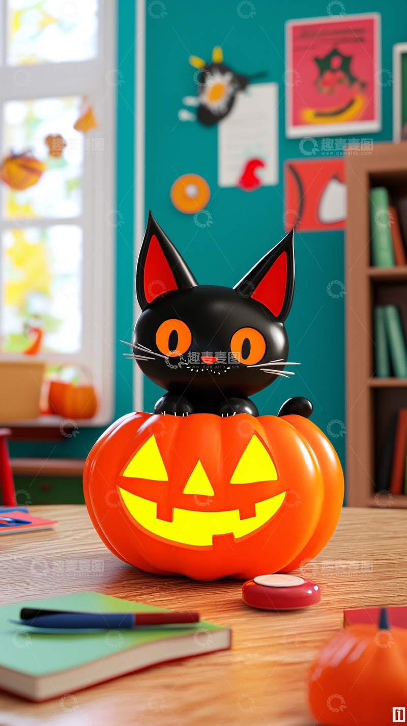 高清大图下载【趣麦麦图】万圣节黑猫南瓜灯装饰场景