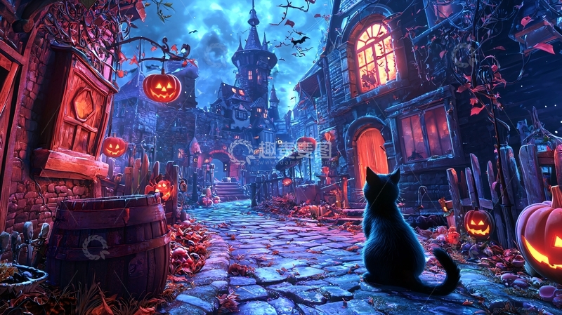 高清大图下载【趣麦麦图】万圣节夜晚的神秘小镇