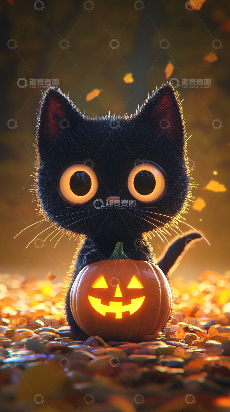 高清大图下载【趣麦麦图】万圣节黑猫与南瓜灯