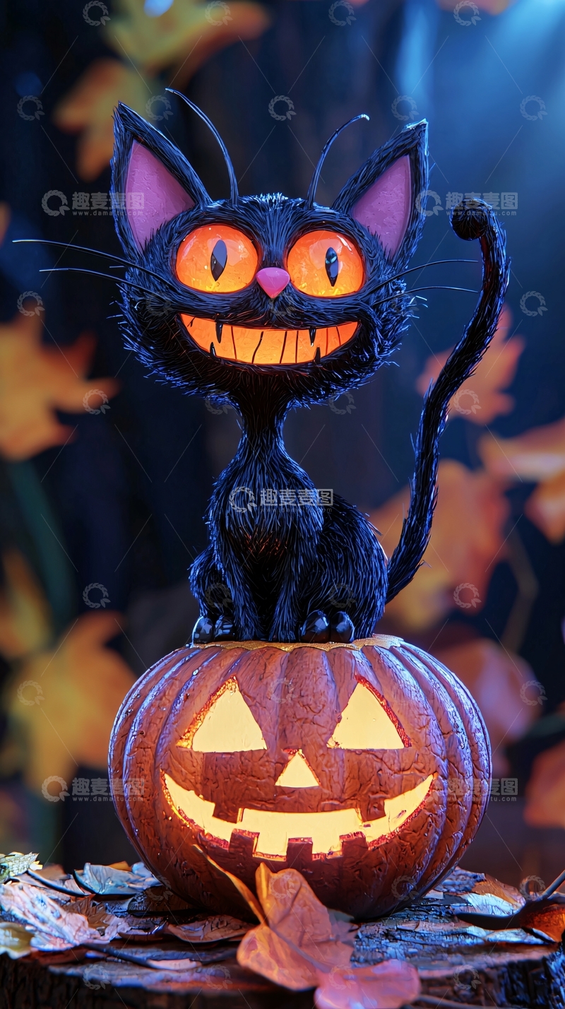 高清大图下载【趣麦麦图】万圣节黑猫与南瓜灯