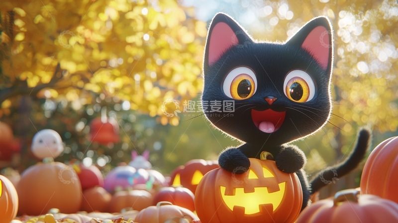高清大图下载【趣麦麦图】万圣节黑猫与南瓜灯