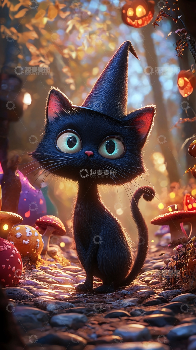 高清大图下载【趣麦麦图】黑猫巫师帽森林奇遇