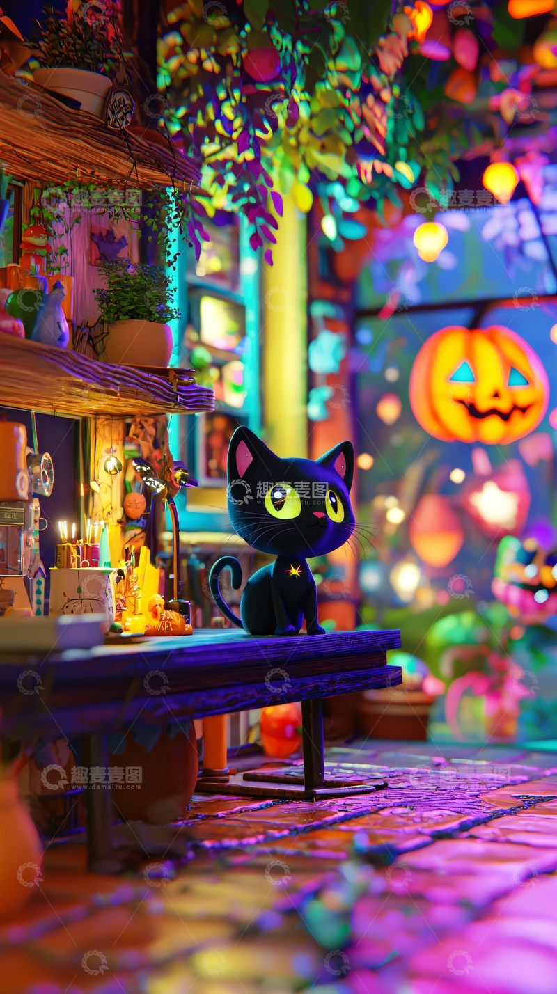 高清大图下载【趣麦麦图】万圣节夜猫主题装饰场景