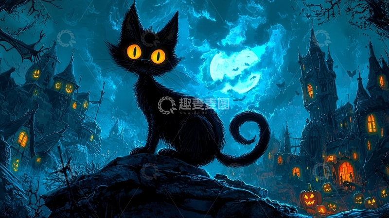 高清大图下载【趣麦麦图】万圣节黑猫与城堡夜景