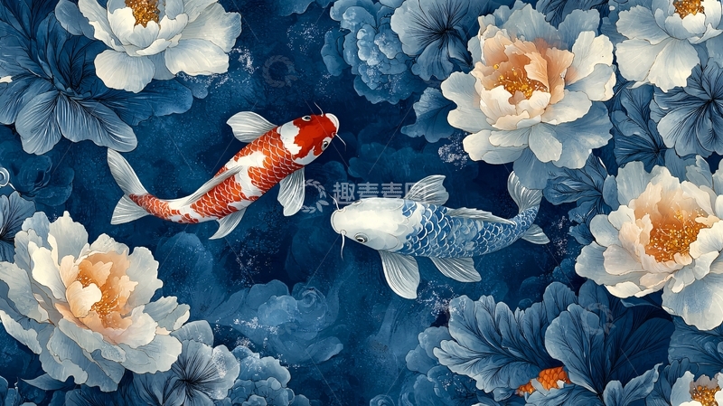 高清大图下载【趣麦麦图】青花瓷风格的团花锦鲤装饰