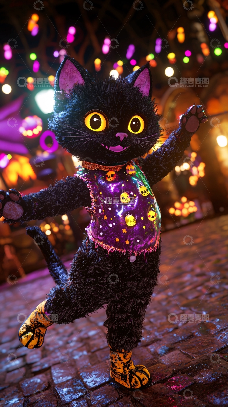 高清大图下载【趣麦麦图】万圣节黑猫装扮街头舞动