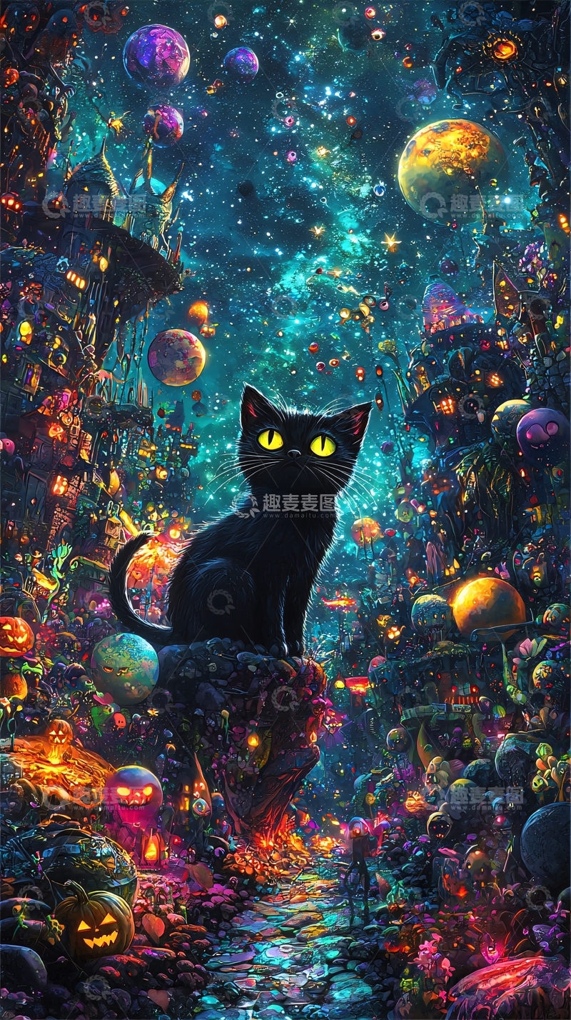 高清大图下载【趣麦麦图】奇幻夜景中的黑猫