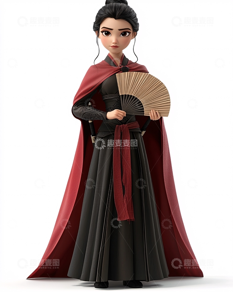 高清大图下载【趣麦麦图】手持一把折扇身穿红色斗篷的女侠