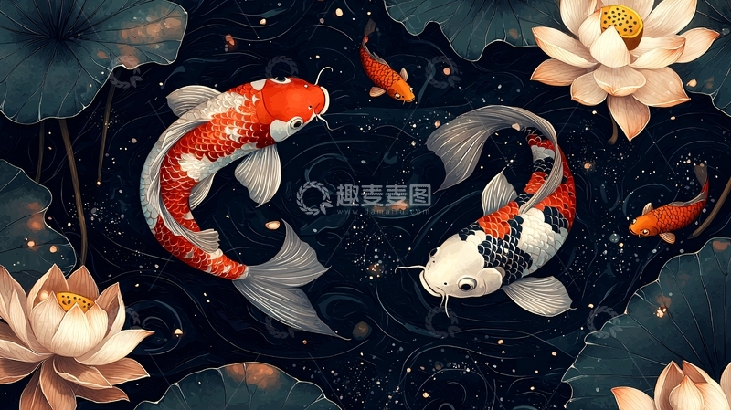 高清大图下载【趣麦麦图】中式印花双鱼与莲花