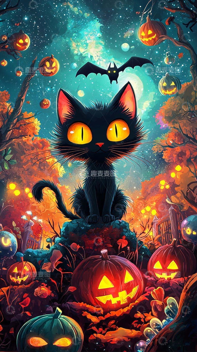 高清大图下载【趣麦麦图】万圣节黑猫与南瓜灯
