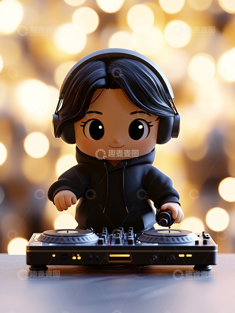 高清大图下载【趣麦麦图】戴着耳机的卡通DJ小人