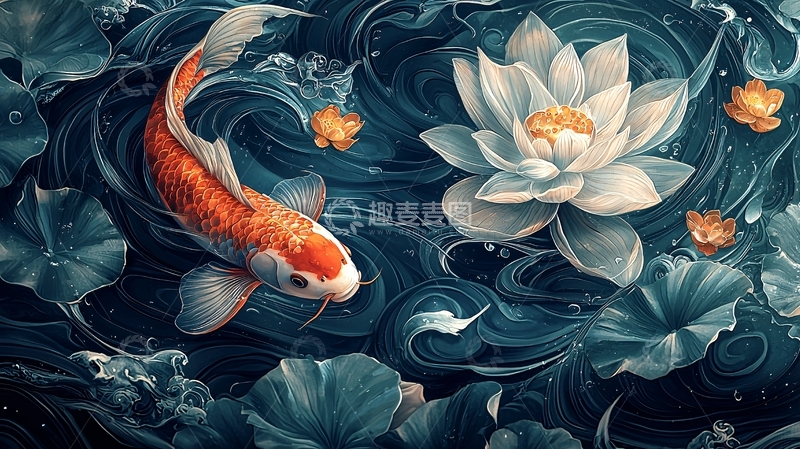 高清大图下载【趣麦麦图】中式印花莲花与双鱼祥云环绕团纹