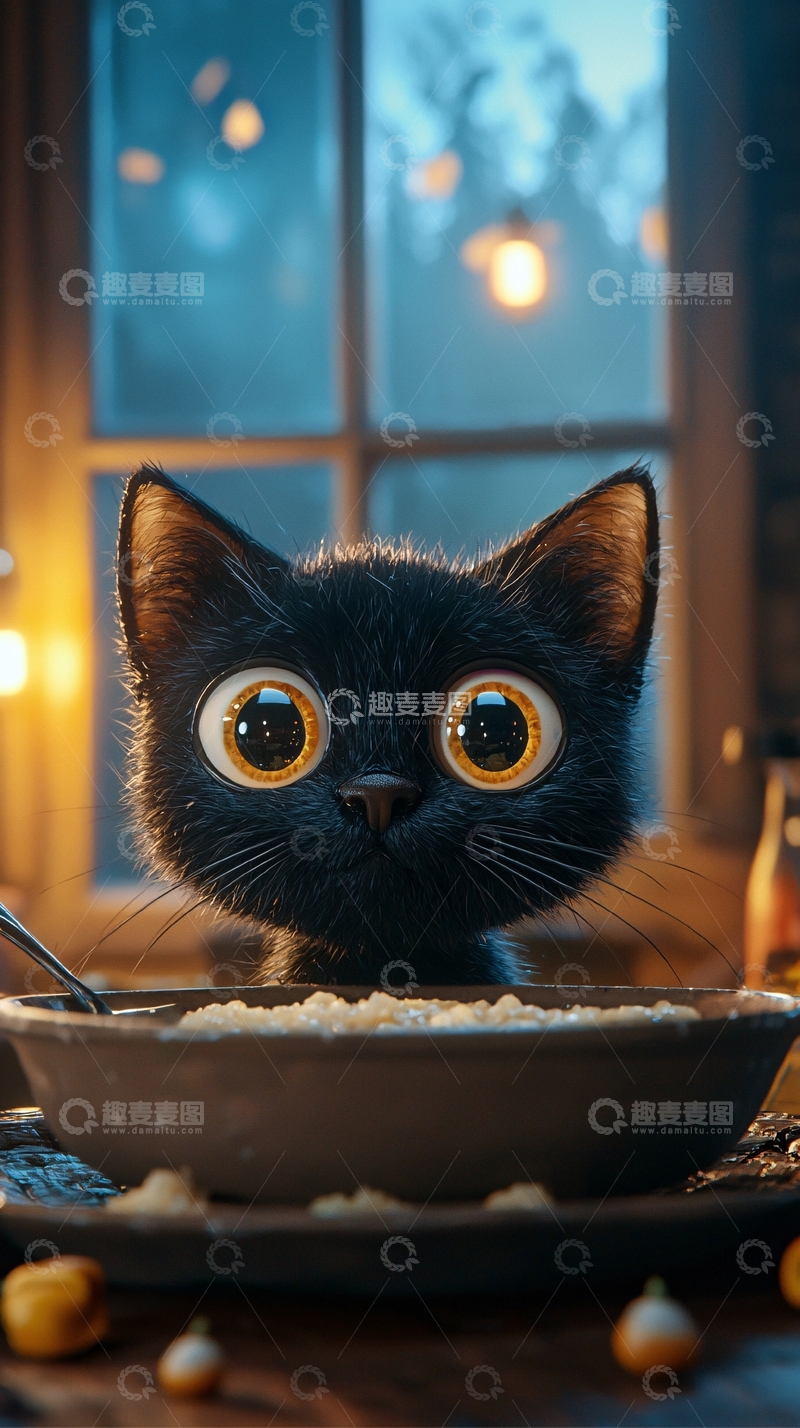 高清大图下载【趣麦麦图】黑猫吃玉米片