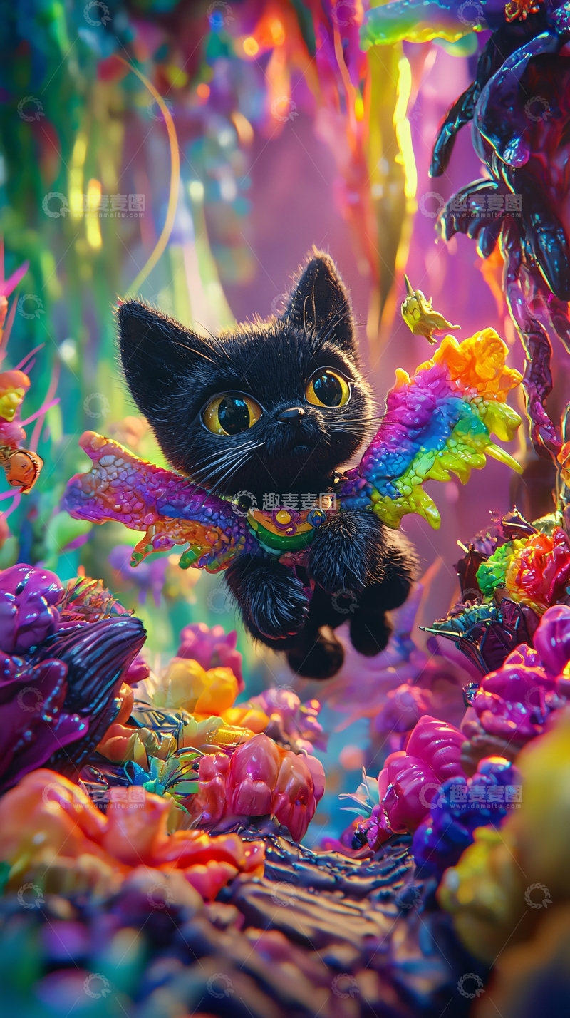 高清大图下载【趣麦麦图】梦幻森林中的黑猫