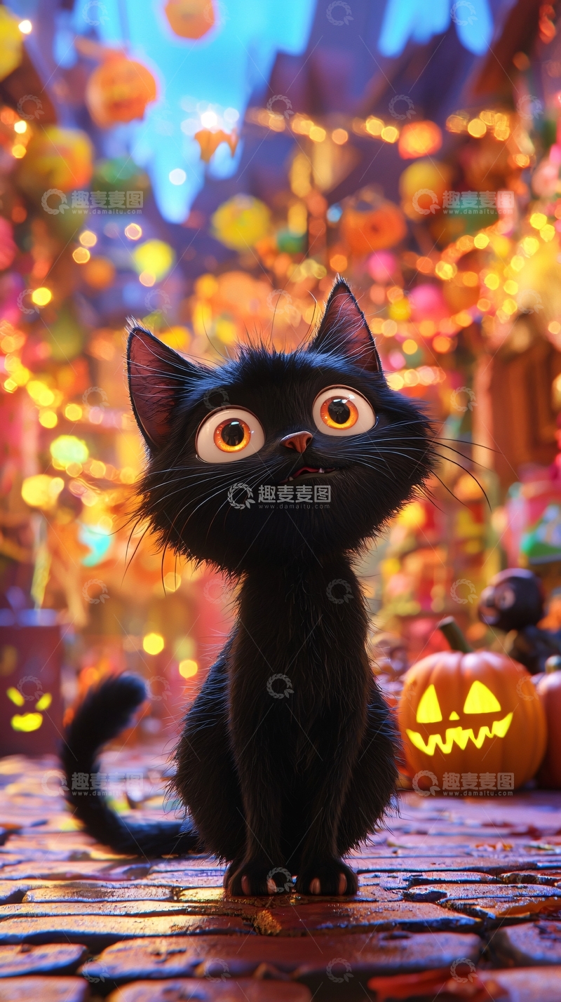 高清大图下载【趣麦麦图】万圣节黑猫南瓜灯装饰