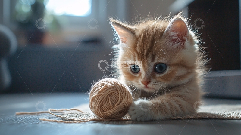 高清大图下载【趣麦麦图】小猫与毛线球玩耍