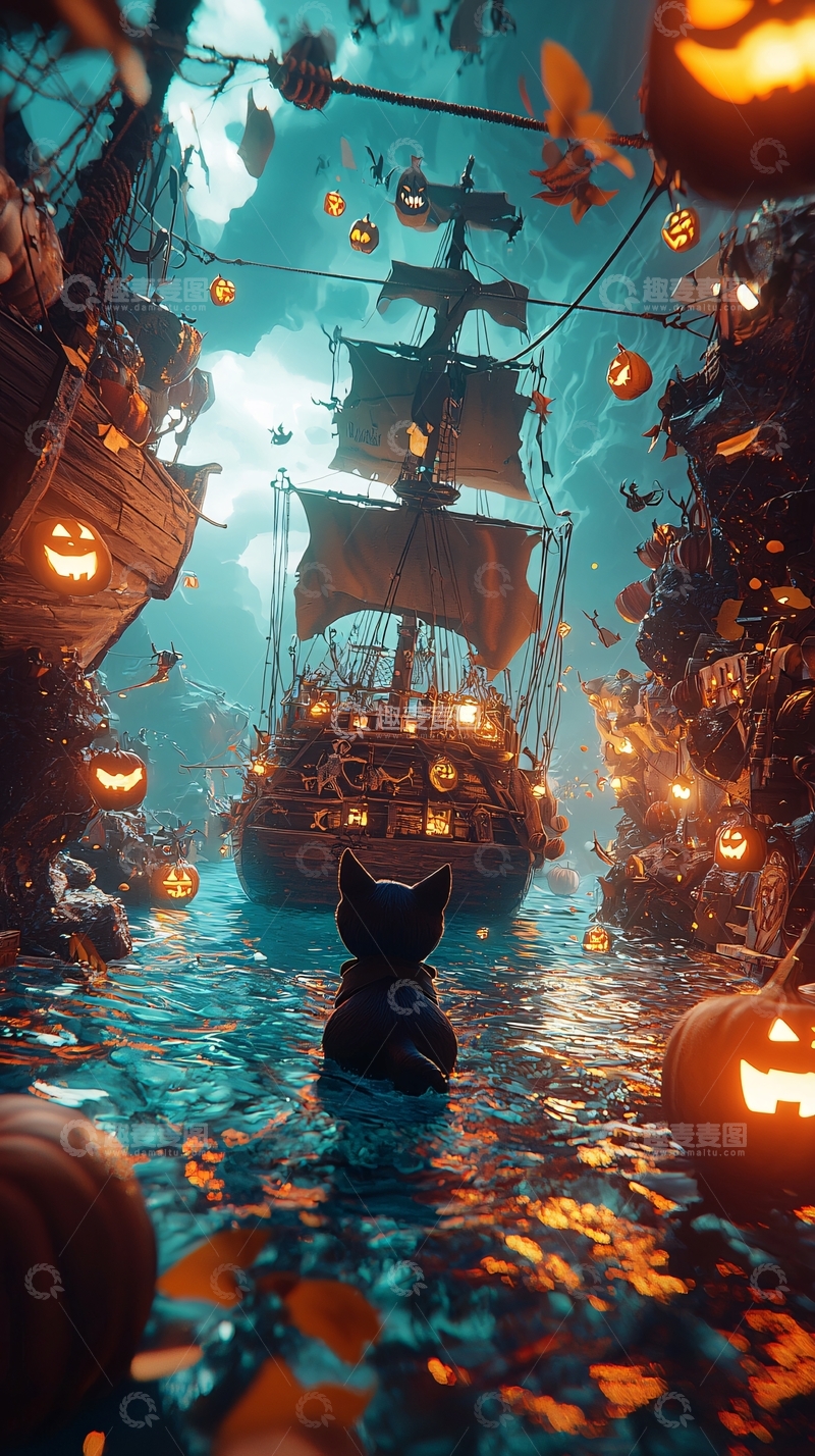 高清大图下载【趣麦麦图】万圣节海盗船与黑猫