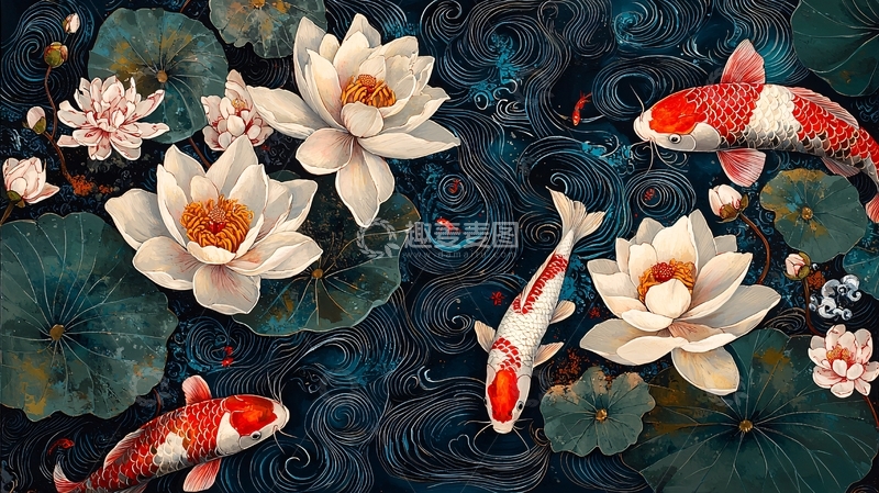 高清大图下载【趣麦麦图】中式印花百合与祥云锦鲤团纹图案