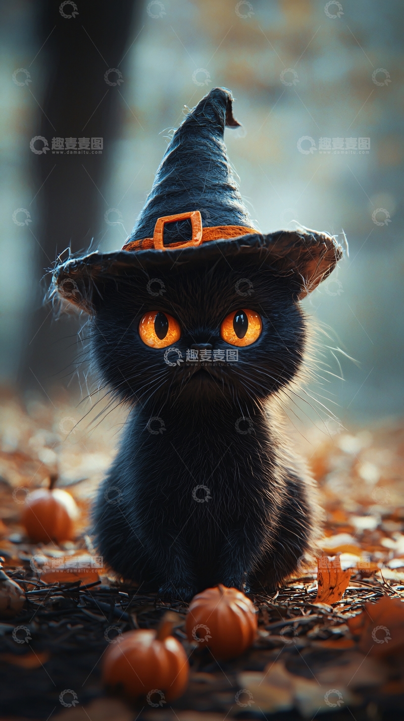 高清大图下载【趣麦麦图】万圣节黑猫巫师帽