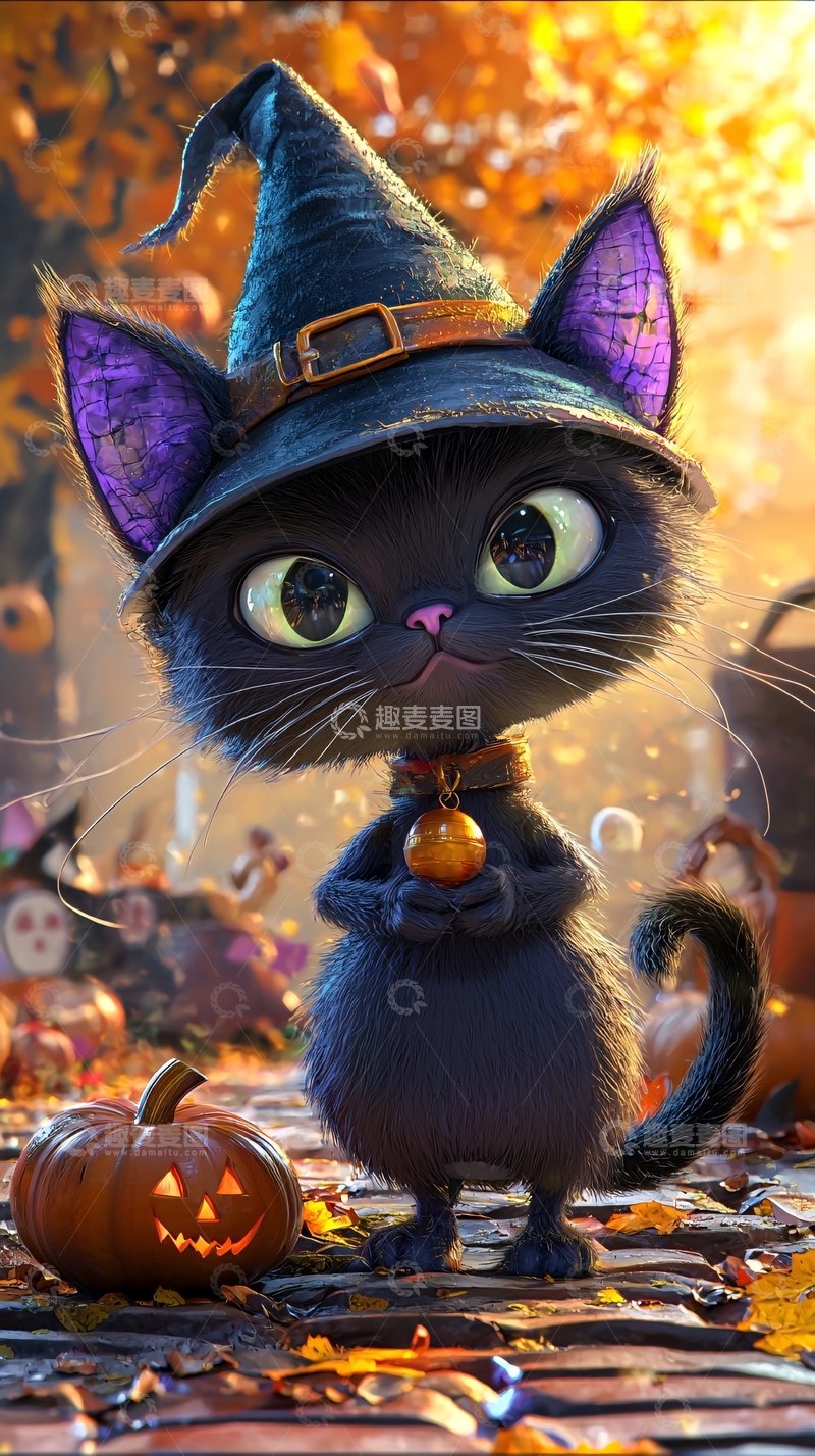 高清大图下载【趣麦麦图】万圣节黑猫南瓜灯