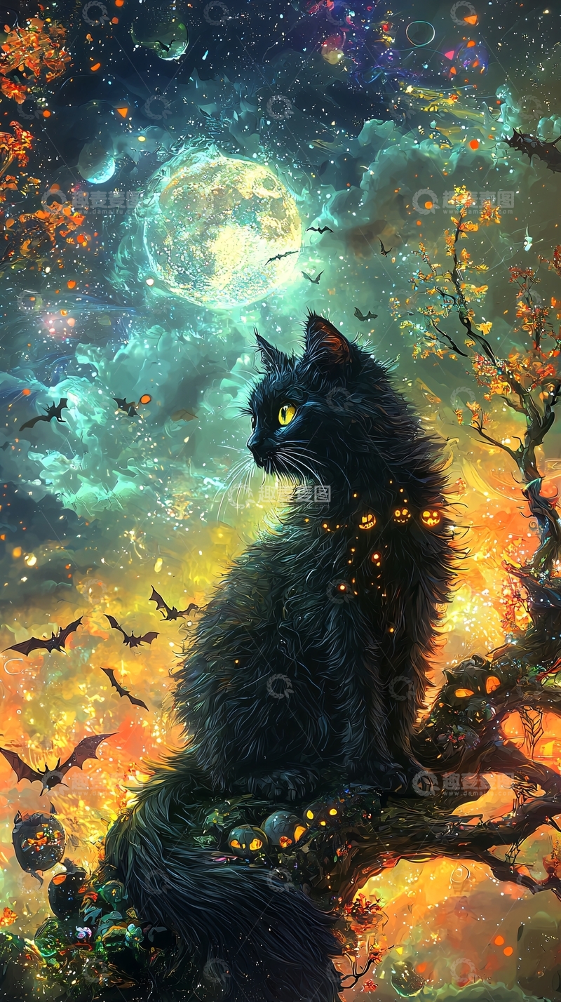 高清大图下载【趣麦麦图】万圣节黑猫夜景