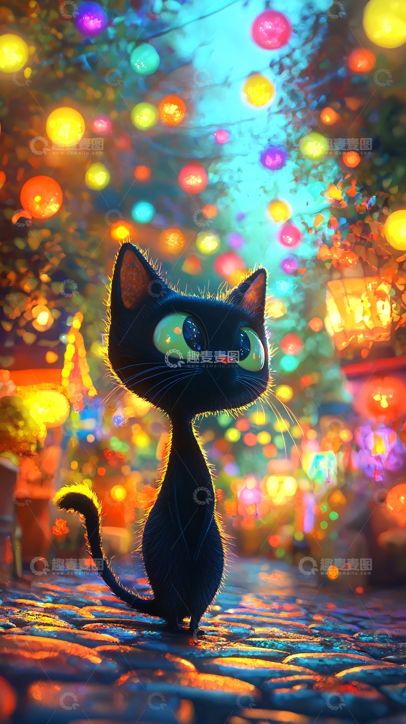 高清大图下载【趣麦麦图】夜市中的黑猫