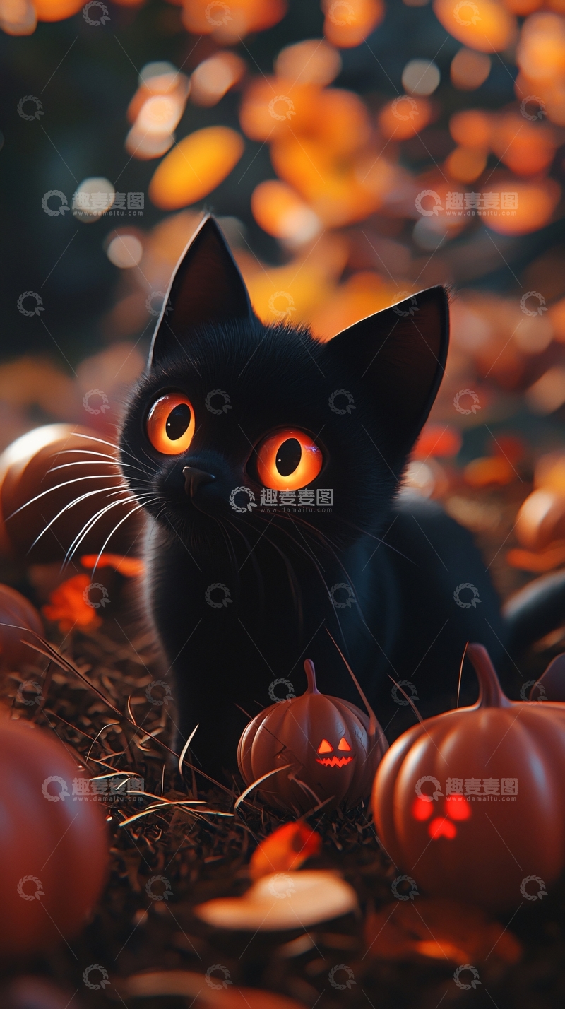 高清大图下载【趣麦麦图】万圣节黑猫与南瓜灯