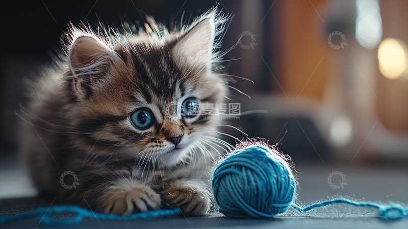 高清大图下载【趣麦麦图】小猫与蓝色毛线球