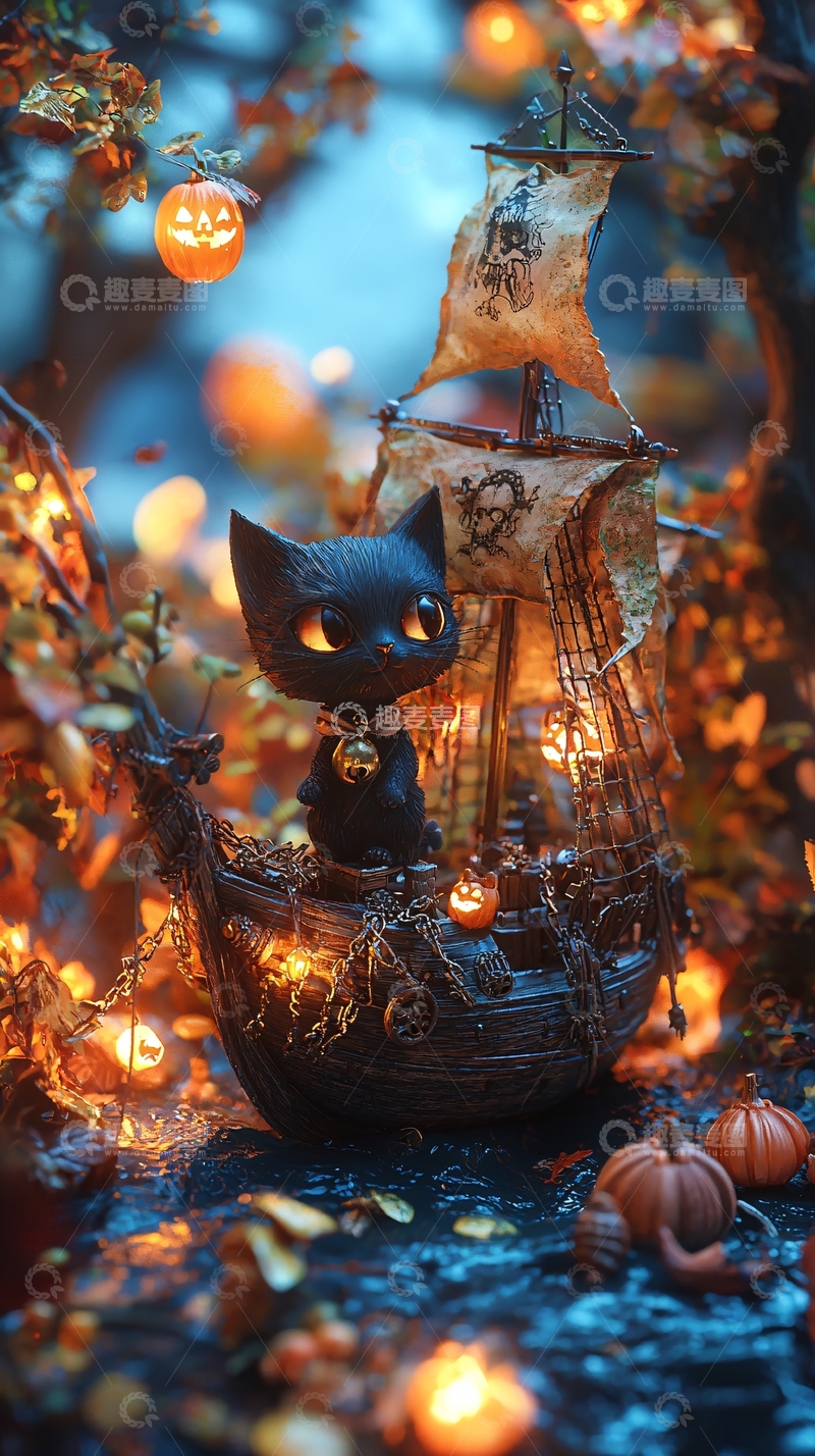 高清大图下载【趣麦麦图】万圣节黑猫海盗船