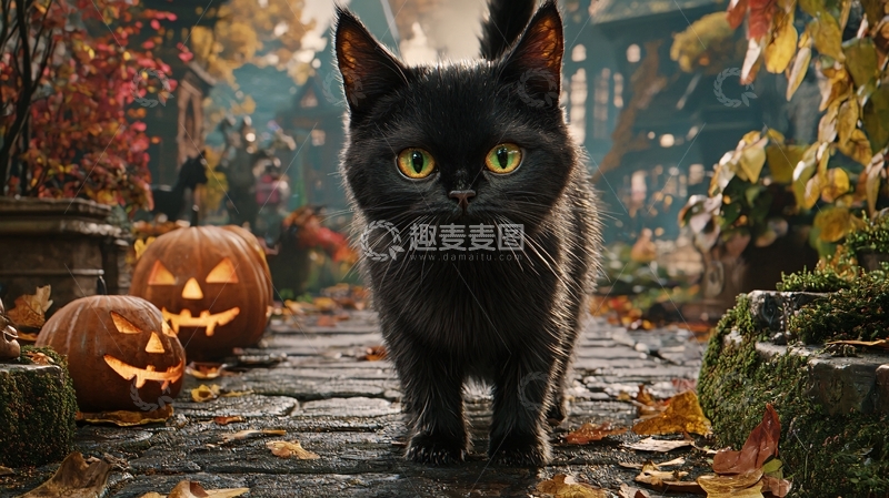 高清大图下载【趣麦麦图】万圣节黑猫与南瓜灯