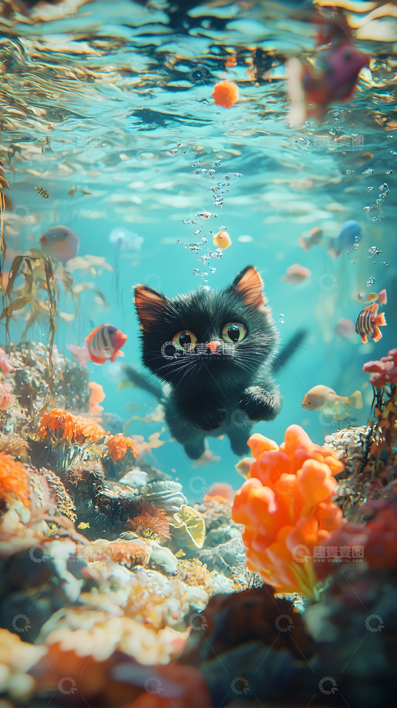 高清大图下载【趣麦麦图】黑猫在海底世界探险