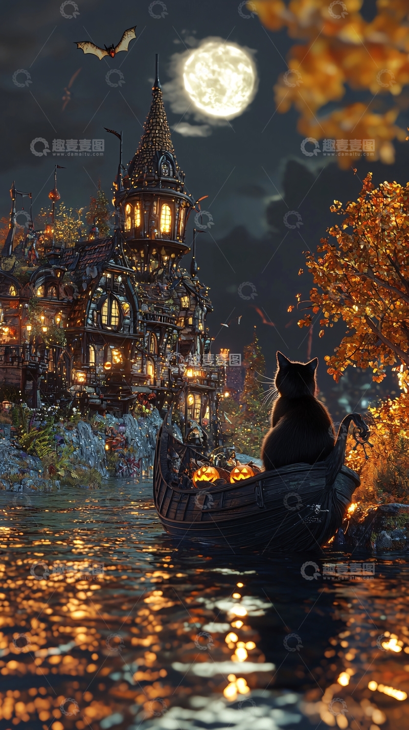 高清大图下载【趣麦麦图】万圣节夜景中的黑猫与南瓜船