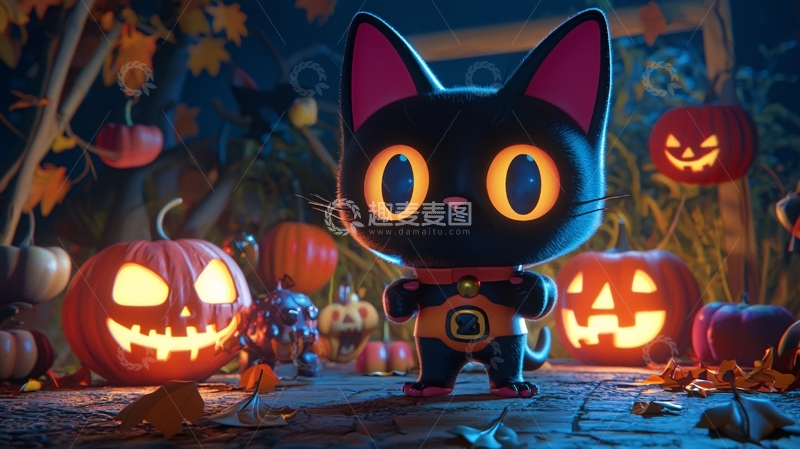 高清大图下载【趣麦麦图】万圣节黑猫与南瓜灯