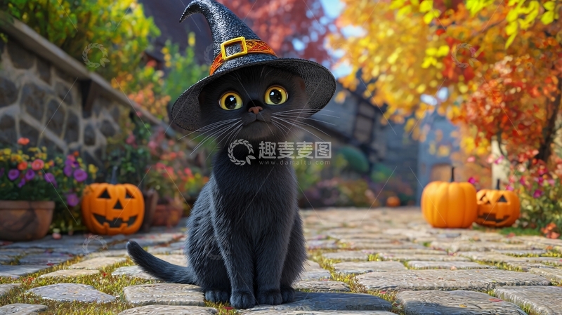 高清大图下载【趣麦麦图】万圣节黑猫巫师帽