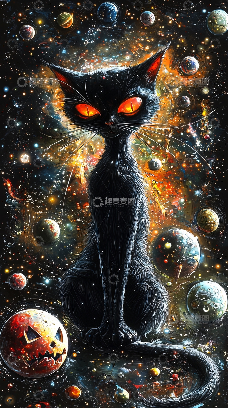 高清大图下载【趣麦麦图】太空中的黑猫与南瓜灯