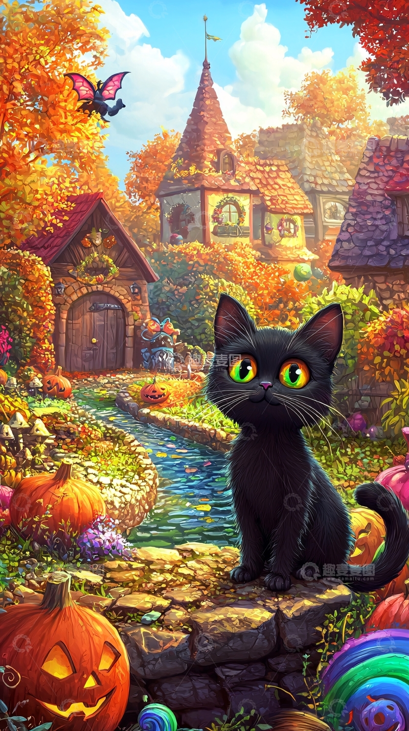 高清大图下载【趣麦麦图】秋日童话中的黑猫与南瓜灯