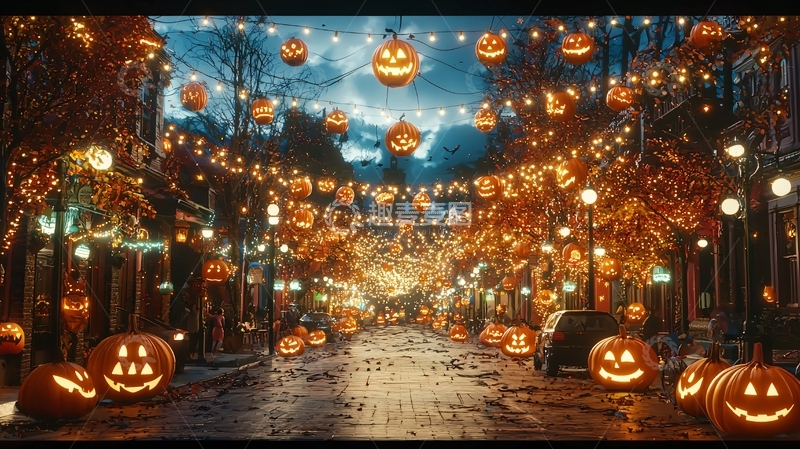 高清大图下载【趣麦麦图】万圣节夜晚街道装饰南瓜灯