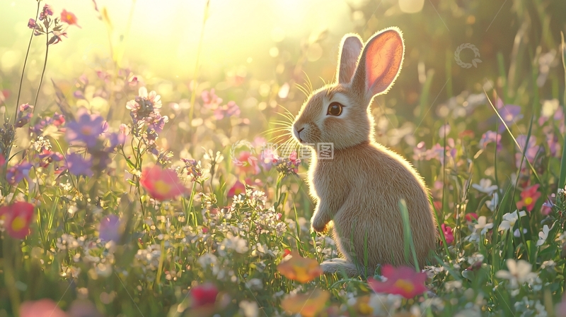 高清大图下载【趣麦麦图】阳光下的小兔子与花海