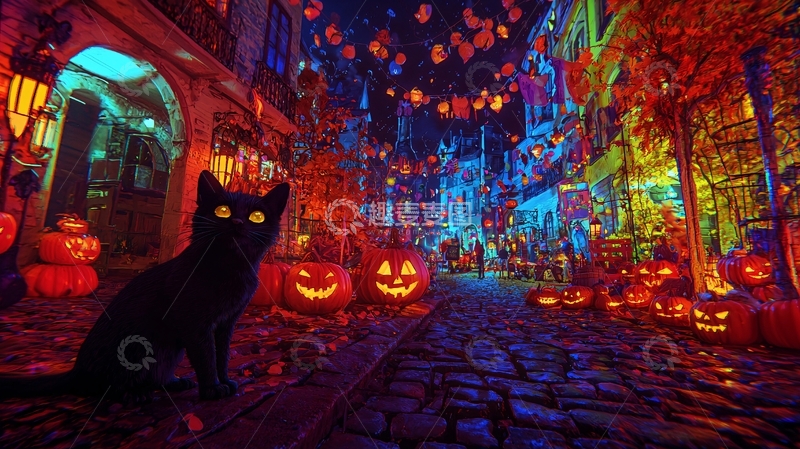 高清大图下载【趣麦麦图】万圣节夜晚的黑猫与南瓜灯