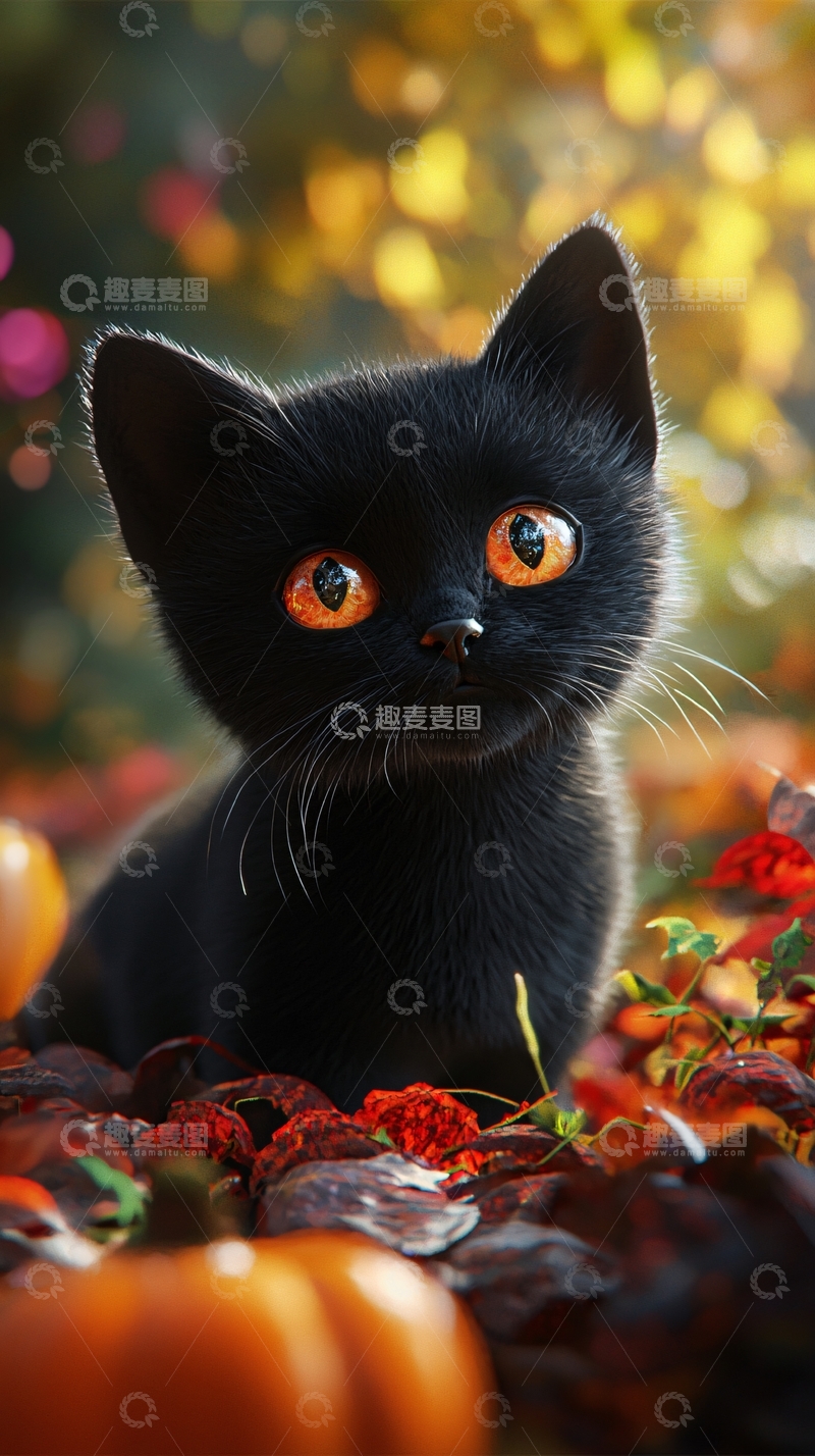 高清大图下载【趣麦麦图】黑猫与南瓜的秋日场景