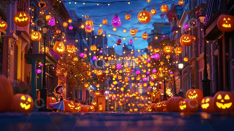 高清大图下载【趣麦麦图】万圣节南瓜灯装饰街道