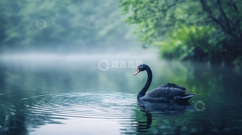 高清大图下载【趣麦麦图】黑天鹅在雾中湖面游泳