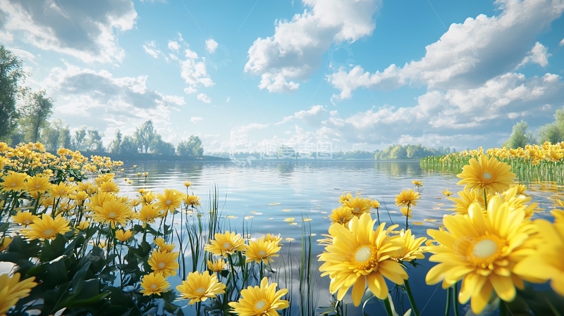 高清大图下载【趣麦麦图】湖边的黄菊花田