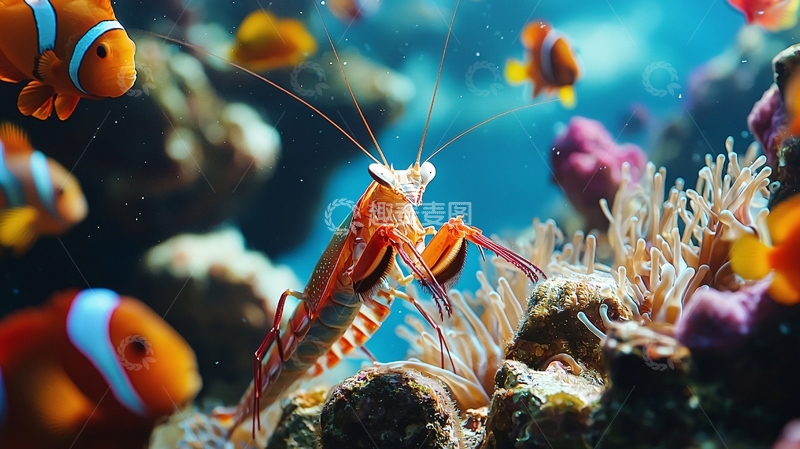 高清大图下载【趣麦麦图】海底珊瑚礁中的虾和小丑鱼