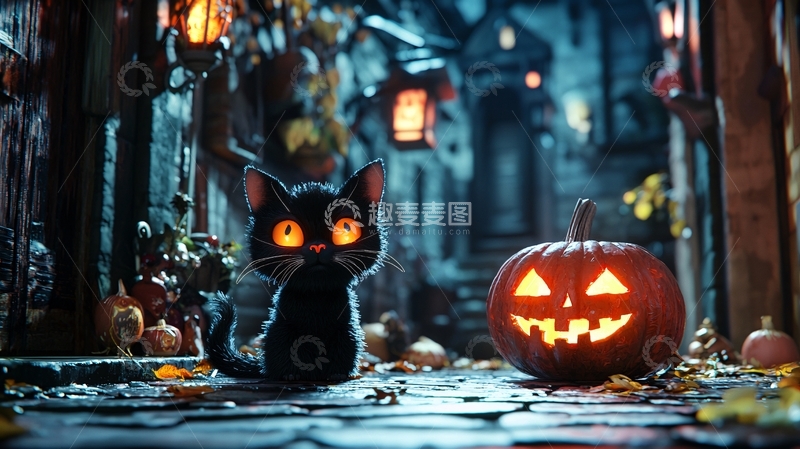 高清大图下载【趣麦麦图】万圣节黑猫与南瓜灯