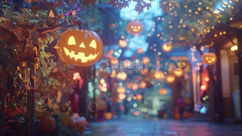 高清大图下载【趣麦麦图】万圣节南瓜灯装饰街道